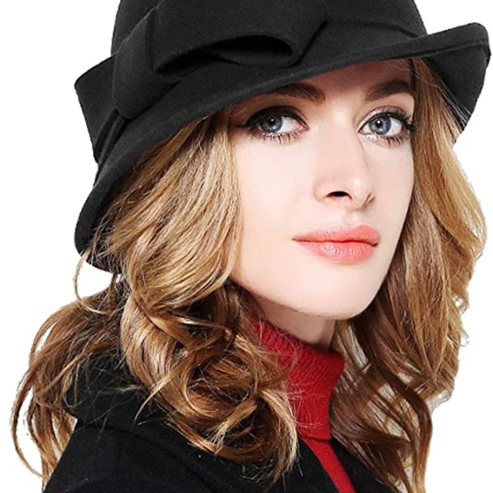 Bellady Women's Black Winter Hat 100% Wool Cloche Bucket with Bow Accent